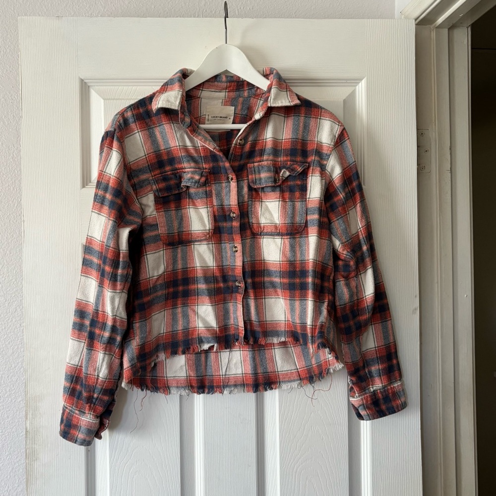 Lucky Brand Orange and Blue Plaid Cropped Flannel